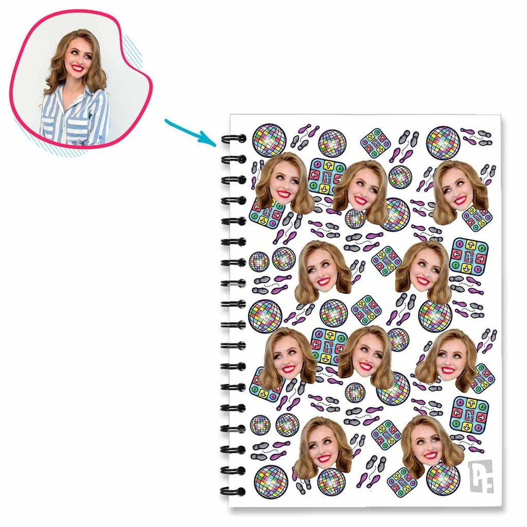 white Dancing Notebook personalized with photo of face printed on them