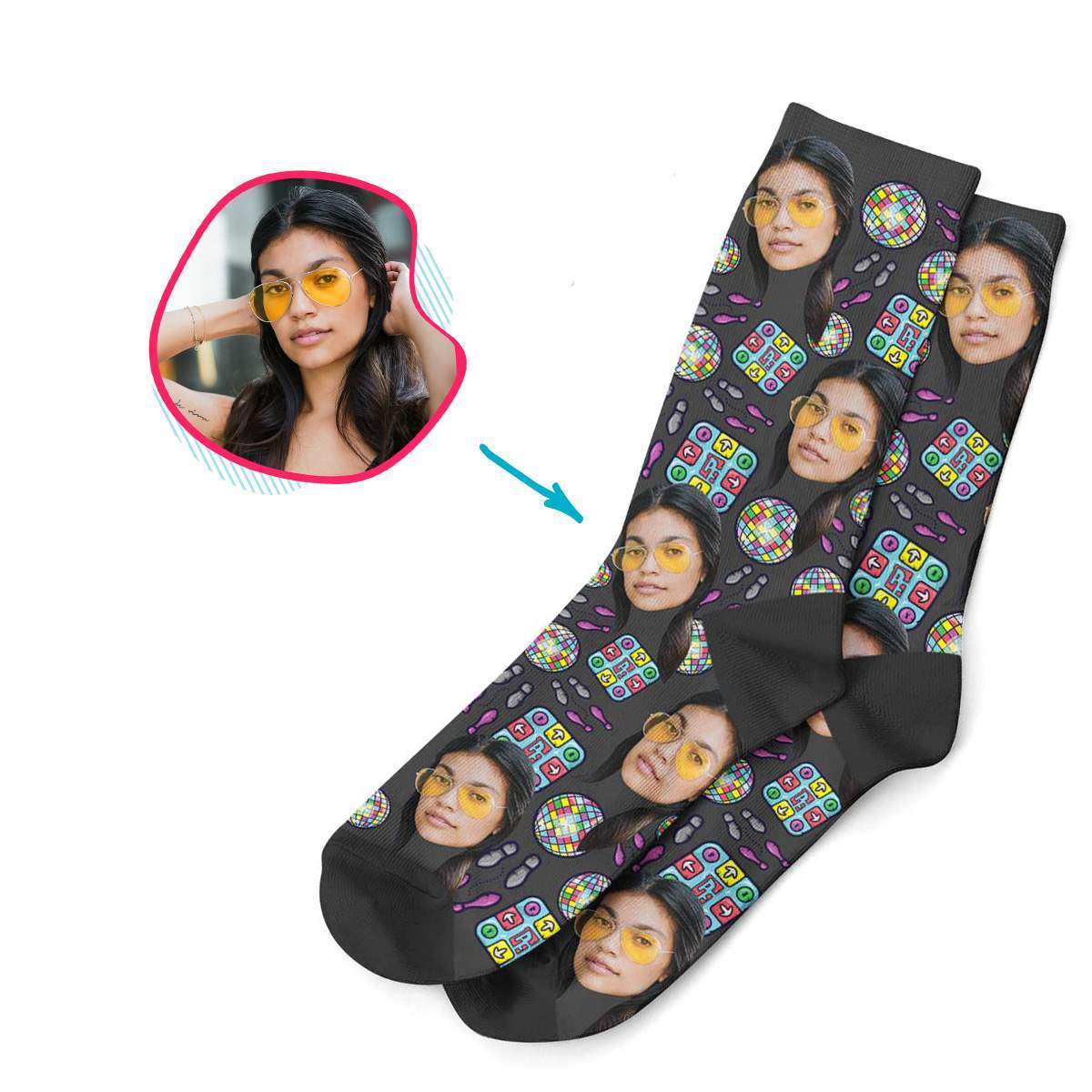 dark Dancing socks personalized with photo of face printed on them