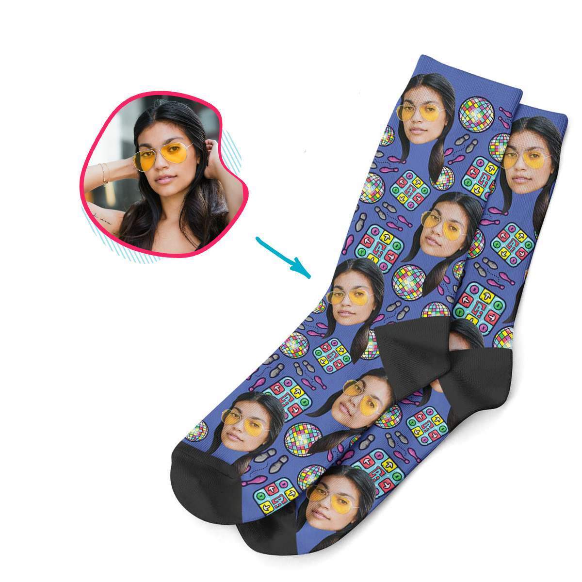 darkblue Dancing socks personalized with photo of face printed on them