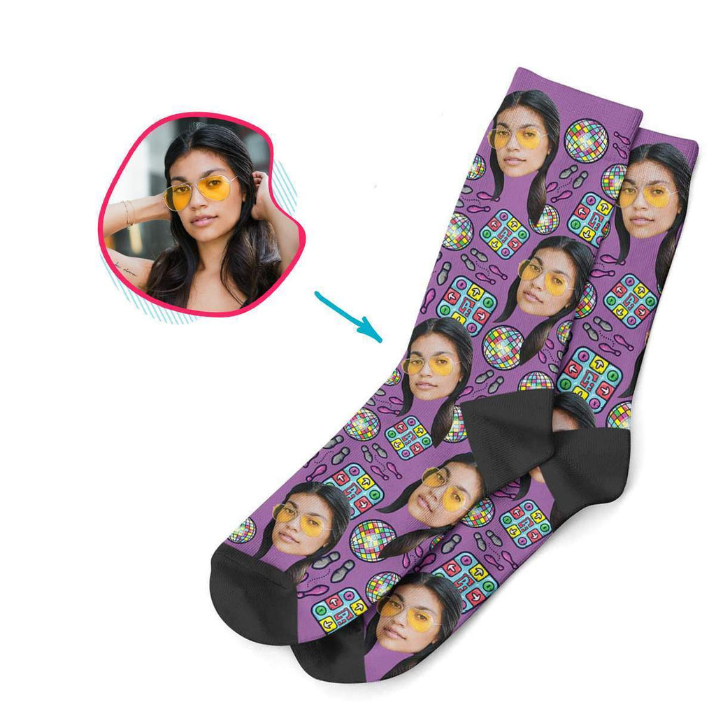 purple Dancing socks personalized with photo of face printed on them