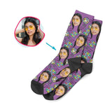 Load image into Gallery viewer, purple Dancing socks personalized with photo of face printed on them
