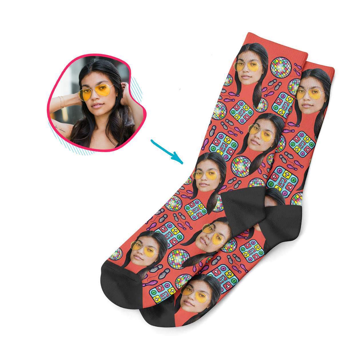 red Dancing socks personalized with photo of face printed on them