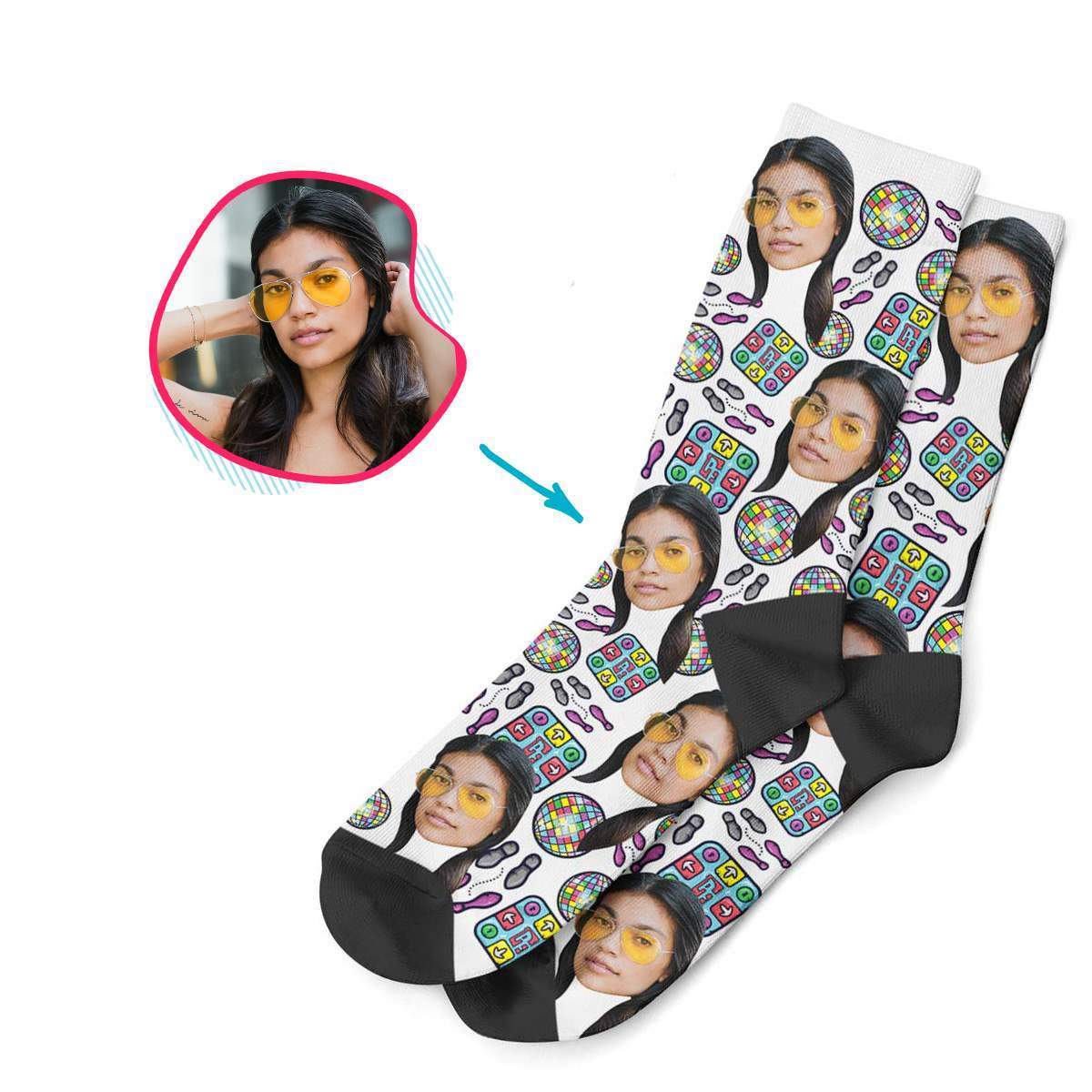 white Dancing socks personalized with photo of face printed on them