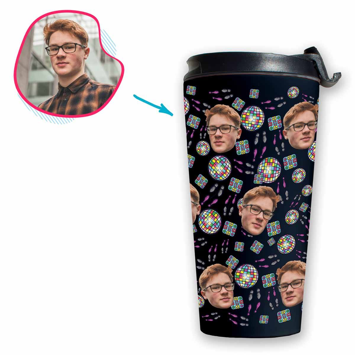 dark Dancing travel mug personalized with photo of face printed on it