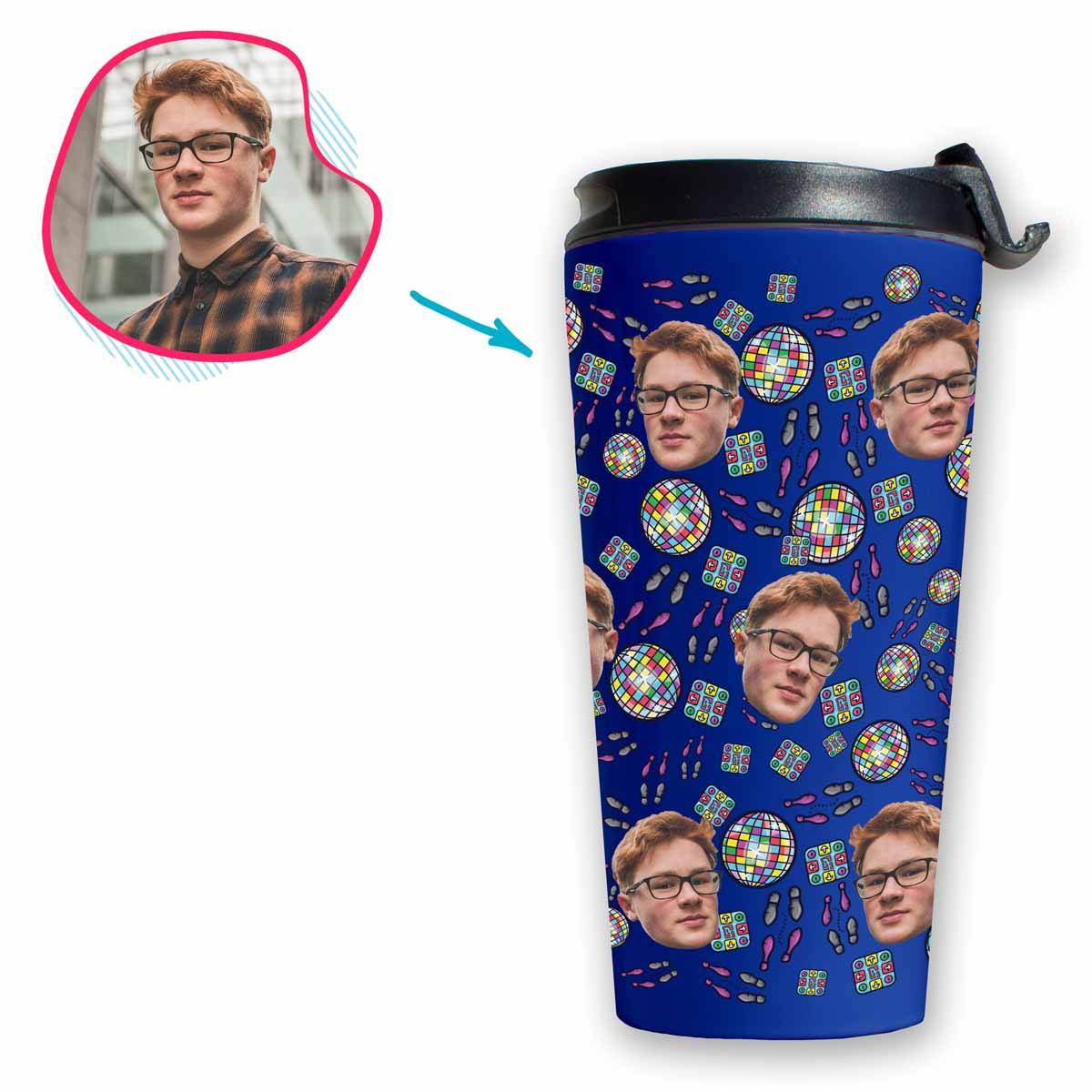 darkblue Dancing travel mug personalized with photo of face printed on it