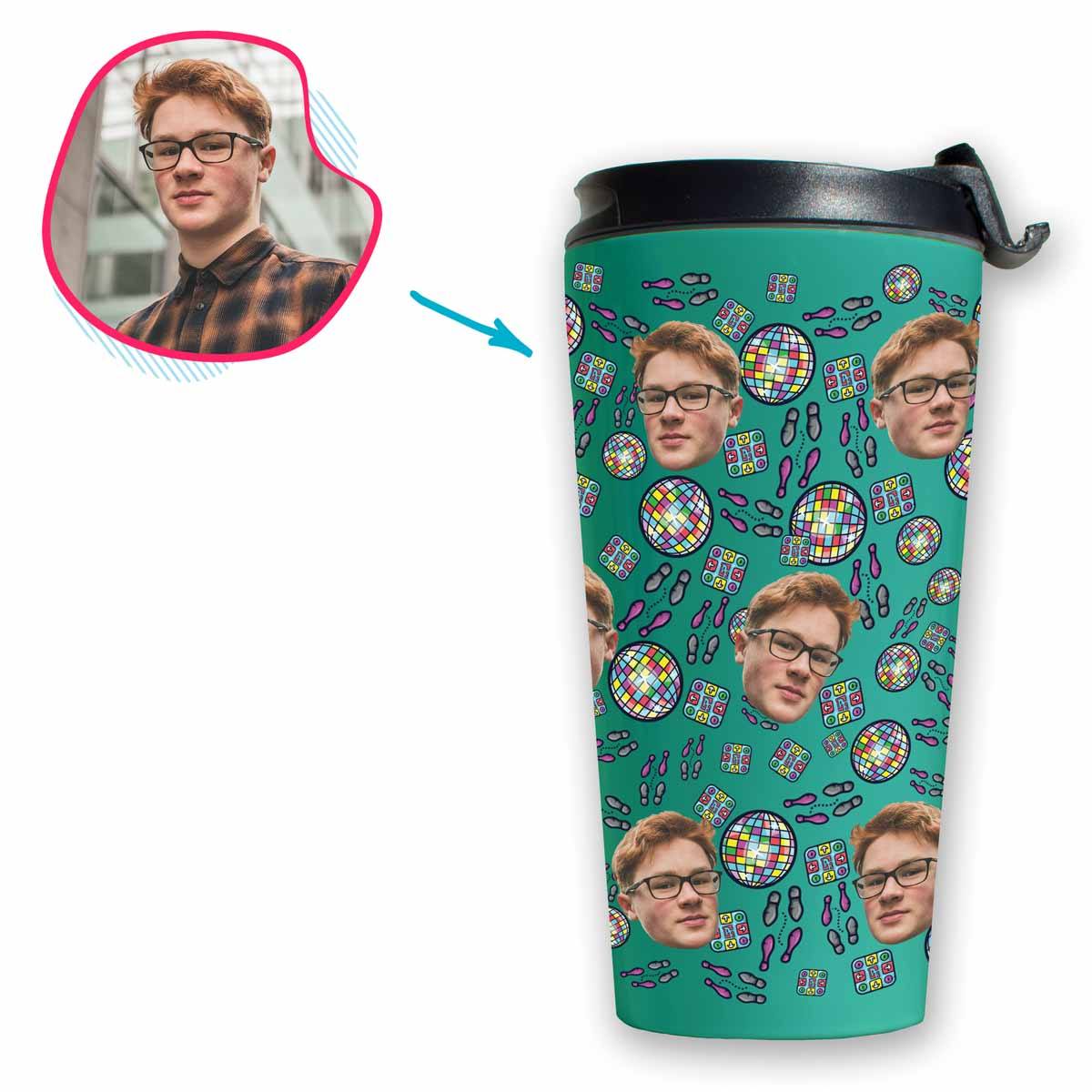 mint Dancing travel mug personalized with photo of face printed on it