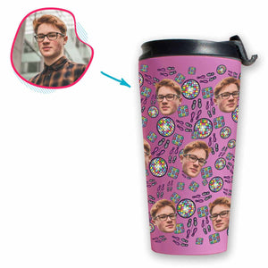 pink Dancing travel mug personalized with photo of face printed on it