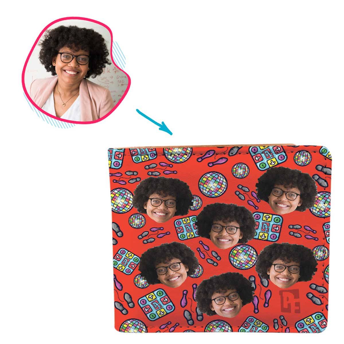 red Dancing wallet personalized with photo of face printed on it