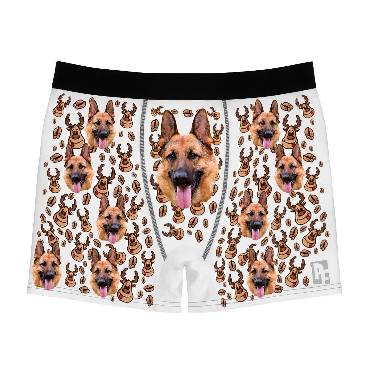 White Deer Hunter men's boxer briefs personalized with photo printed on them