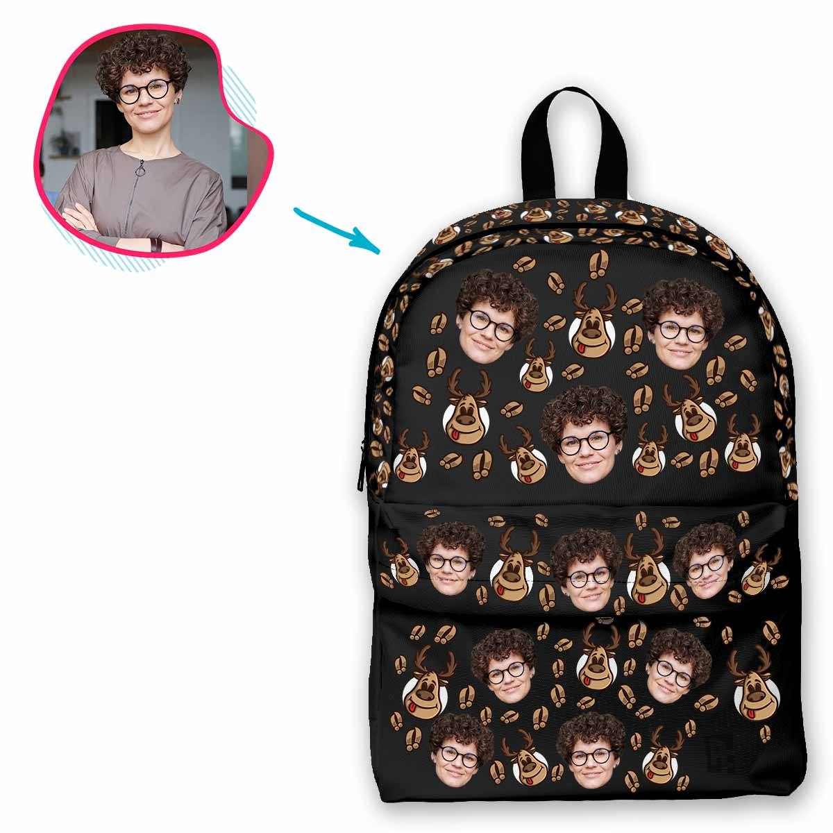 dark Deer Hunter classic backpack personalized with photo of face printed on it