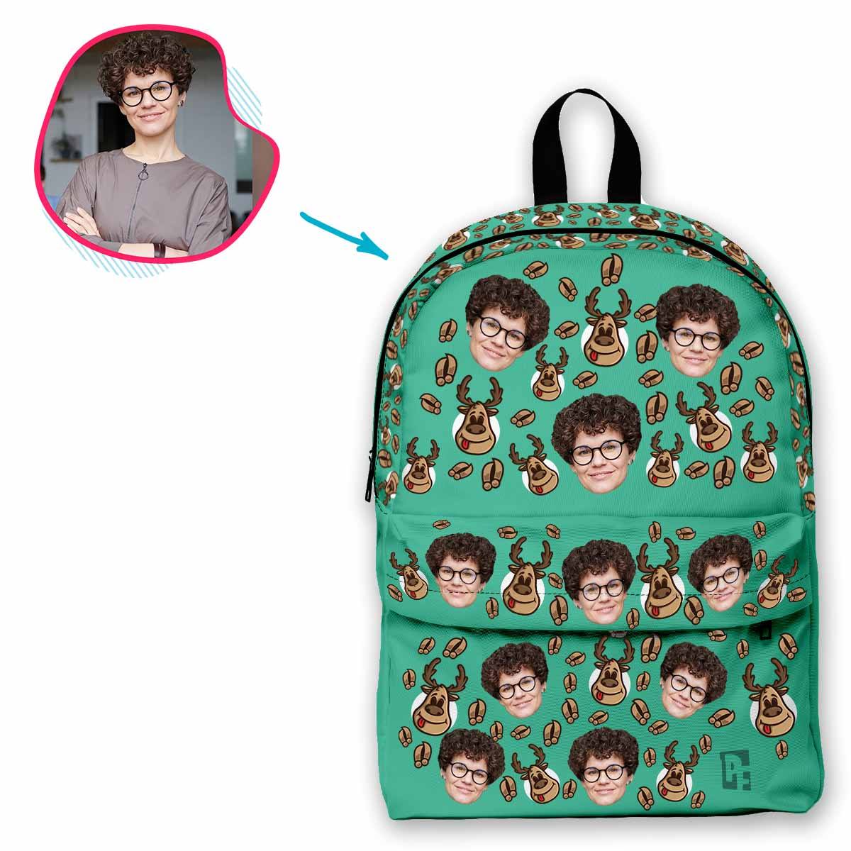 mint Deer Hunter classic backpack personalized with photo of face printed on it