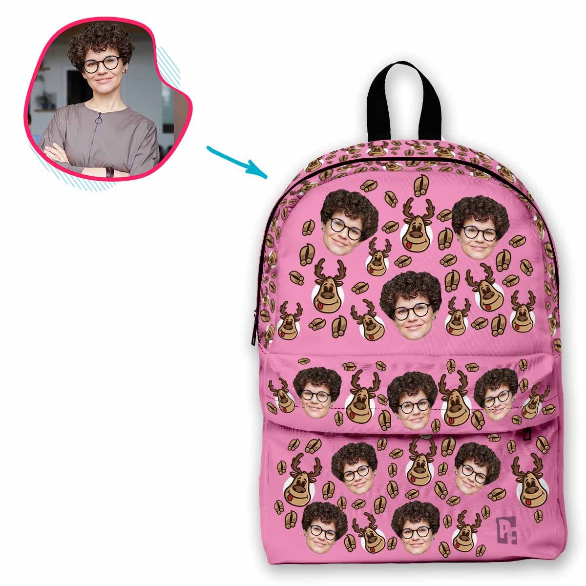 pink Deer Hunter classic backpack personalized with photo of face printed on it
