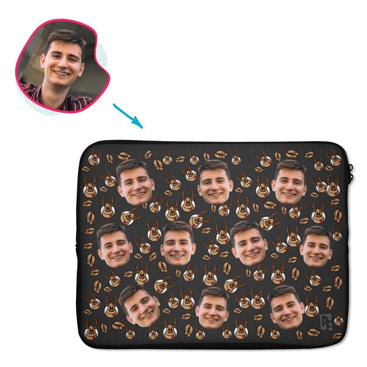 dark Deer Hunter laptop sleeve personalized with photo of face printed on them