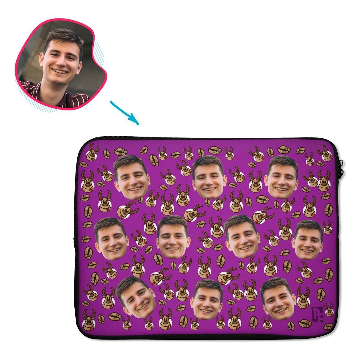 purple Deer Hunter laptop sleeve personalized with photo of face printed on them