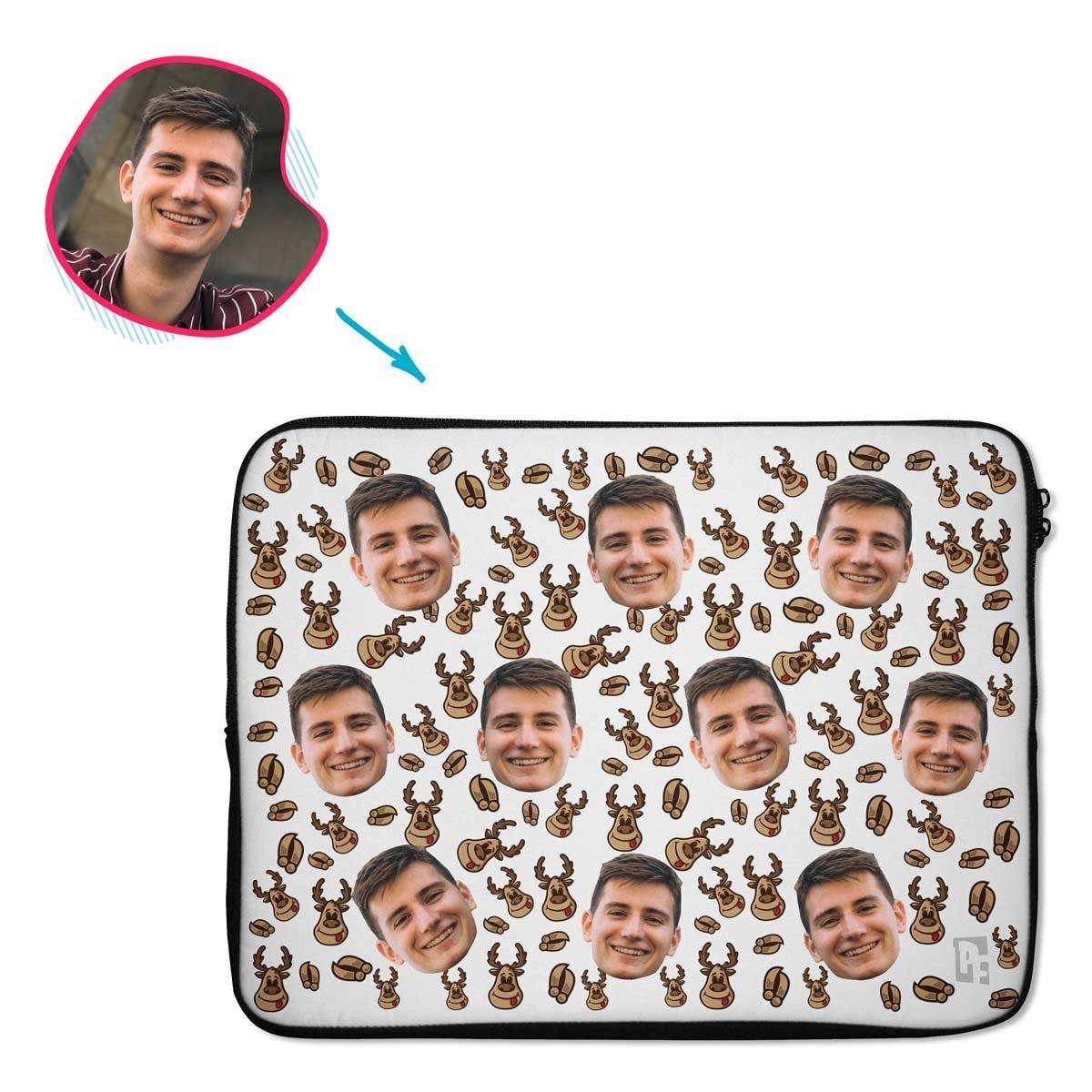 white Deer Hunter laptop sleeve personalized with photo of face printed on them