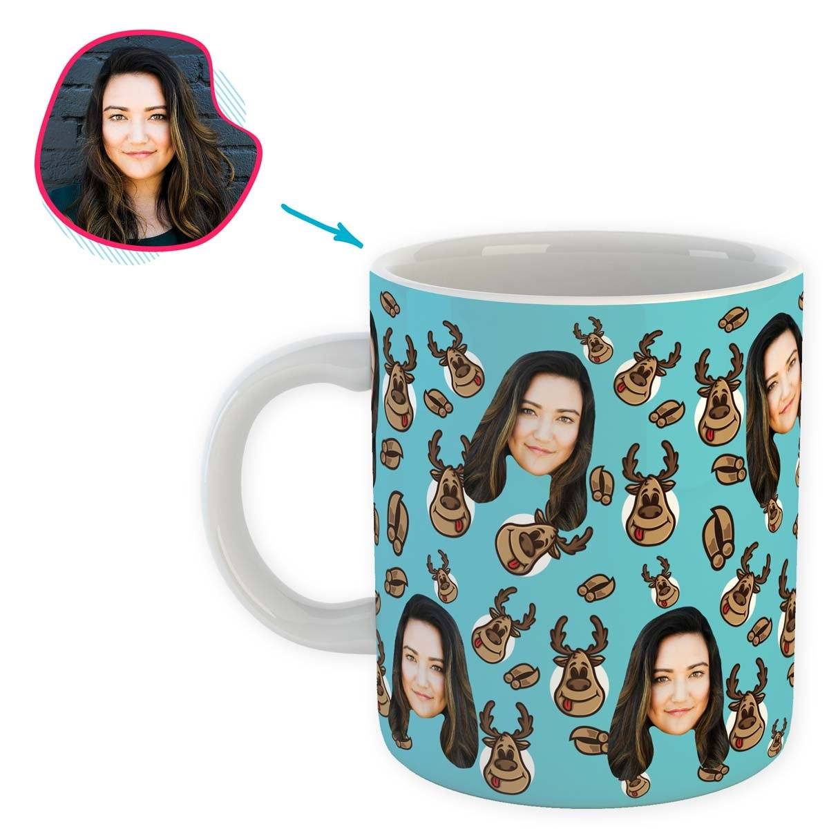 blue Deer Hunter mug personalized with photo of face printed on it