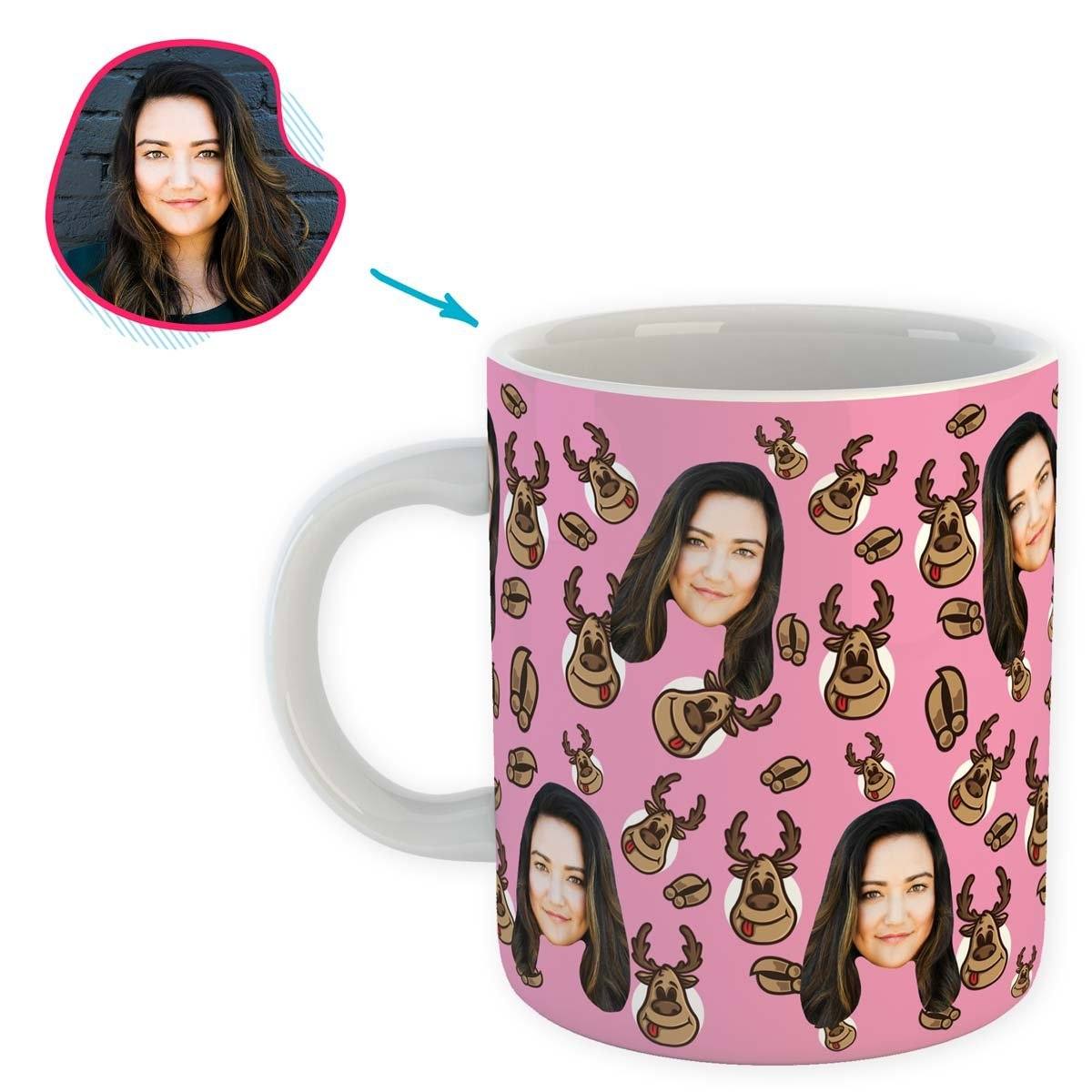 pink Deer Hunter mug personalized with photo of face printed on it