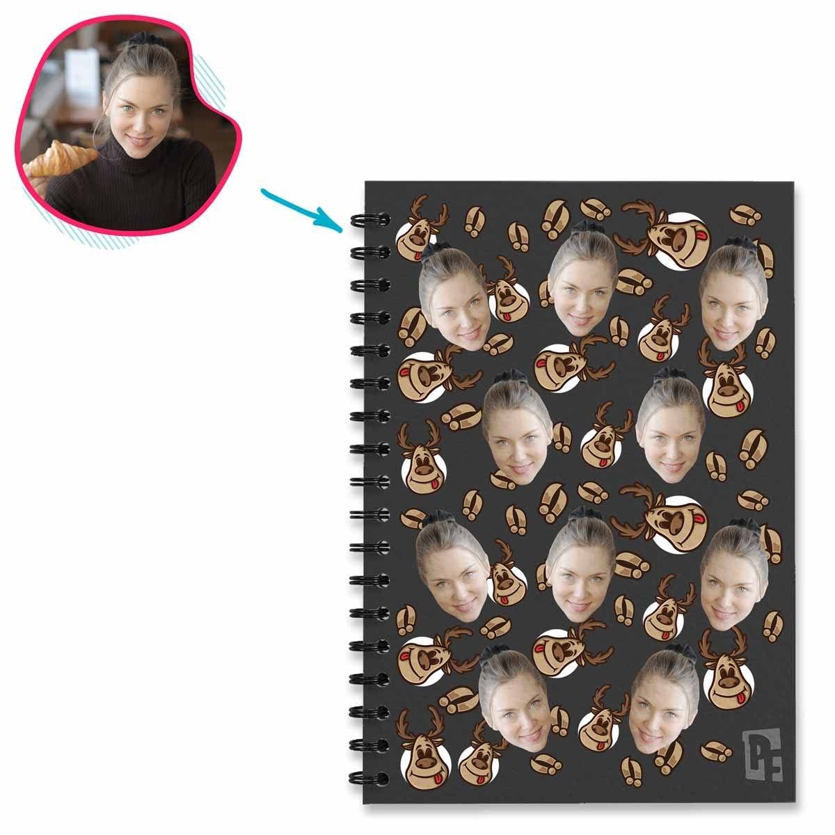 dark Deer Hunter Notebook personalized with photo of face printed on them