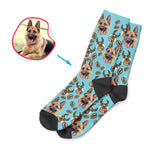 Load image into Gallery viewer, blue Deer Hunter socks personalized with photo of face printed on them
