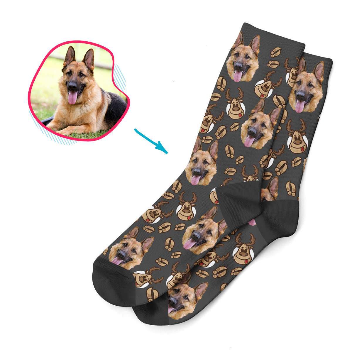 dark Deer Hunter socks personalized with photo of face printed on them