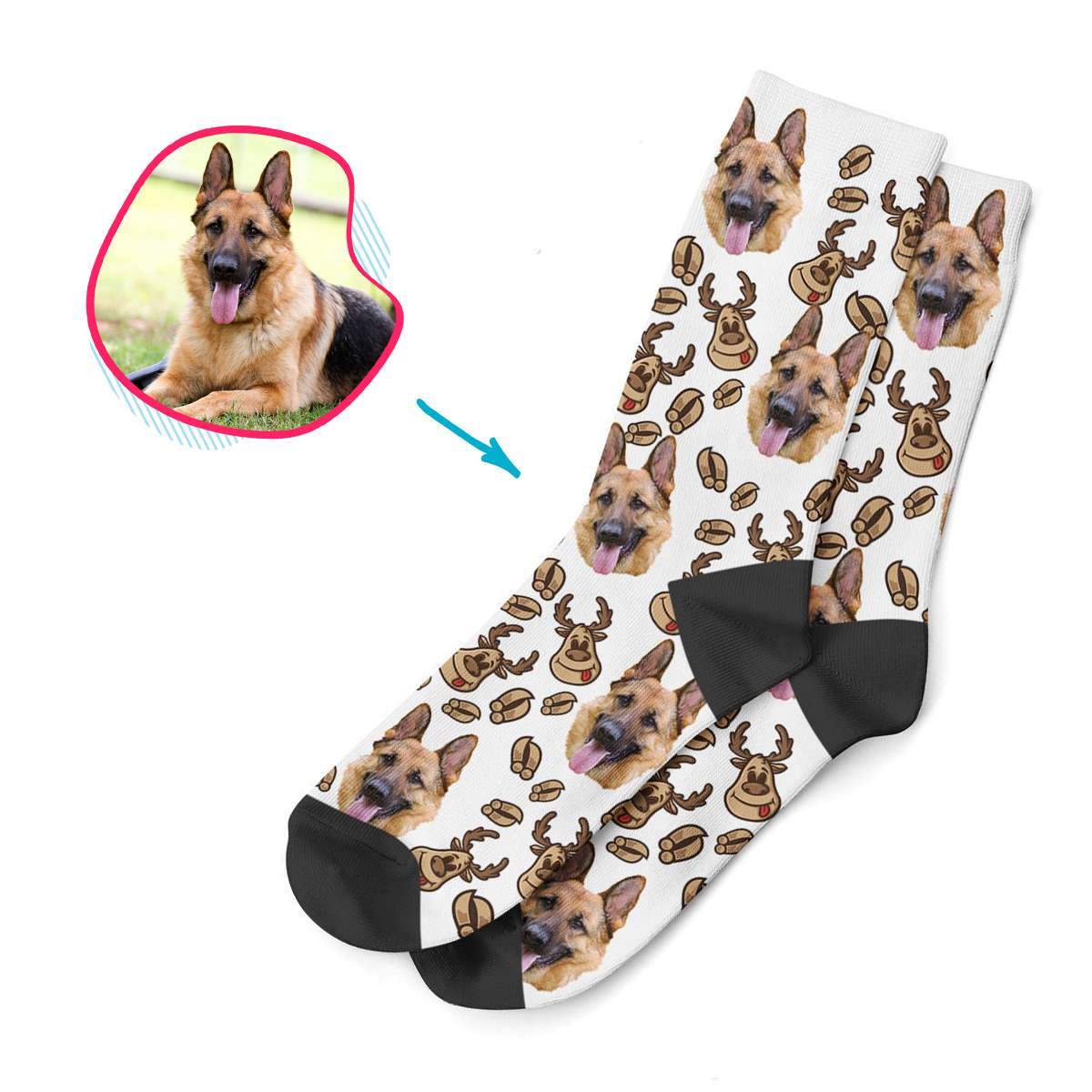 white Deer Hunter socks personalized with photo of face printed on them