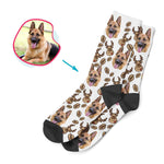 Load image into Gallery viewer, white Deer Hunter socks personalized with photo of face printed on them
