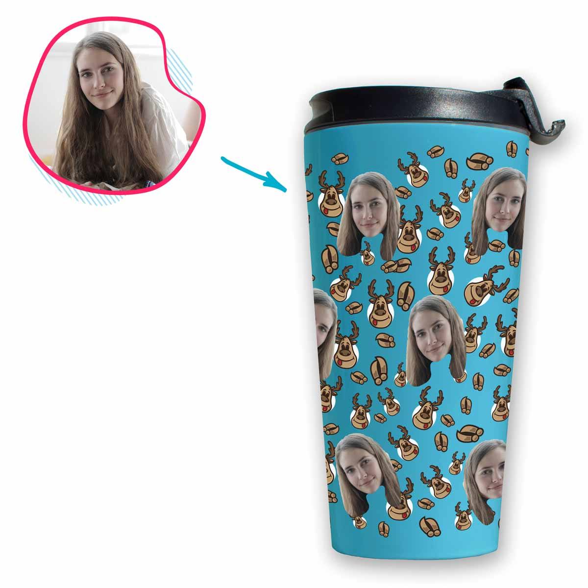 blue Deer Hunter travel mug personalized with photo of face printed on it