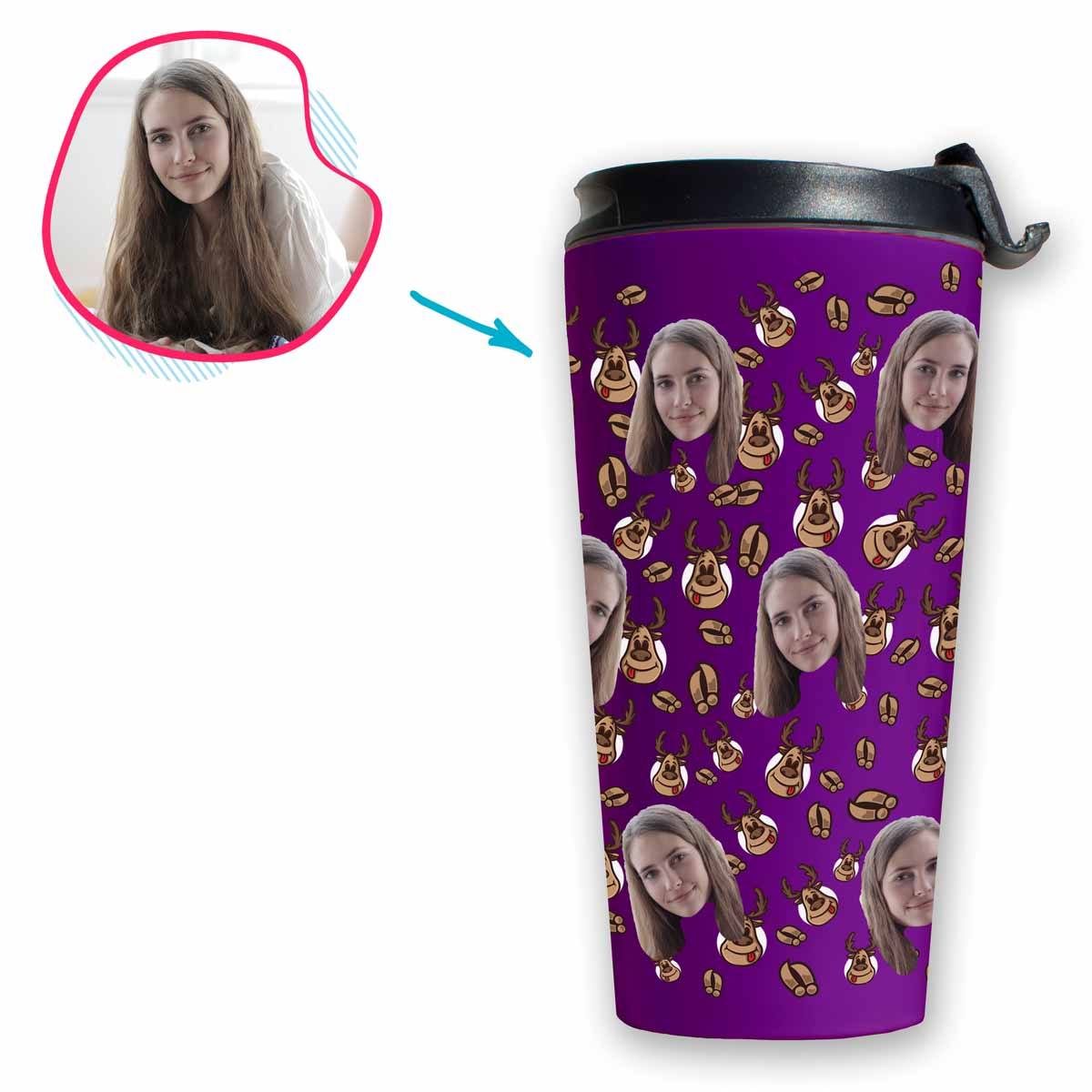 purple Deer Hunter travel mug personalized with photo of face printed on it