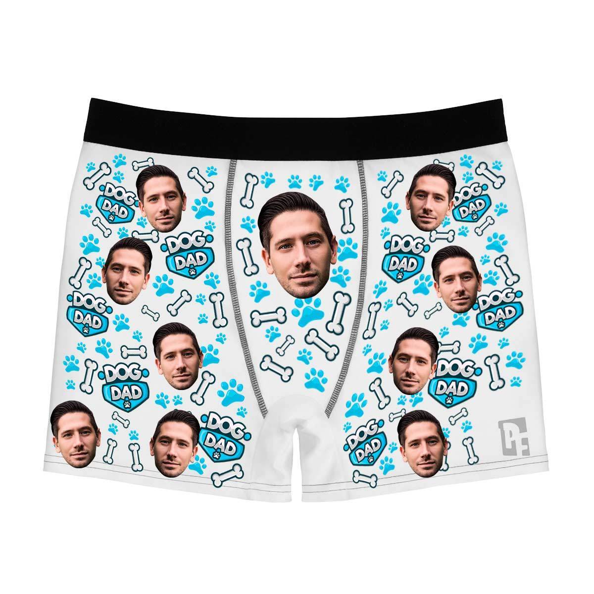White Dog dad men's boxer briefs personalized with photo printed on them
