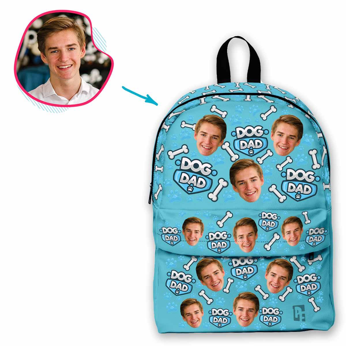 blue Dog Dad classic backpack personalized with photo of face printed on it