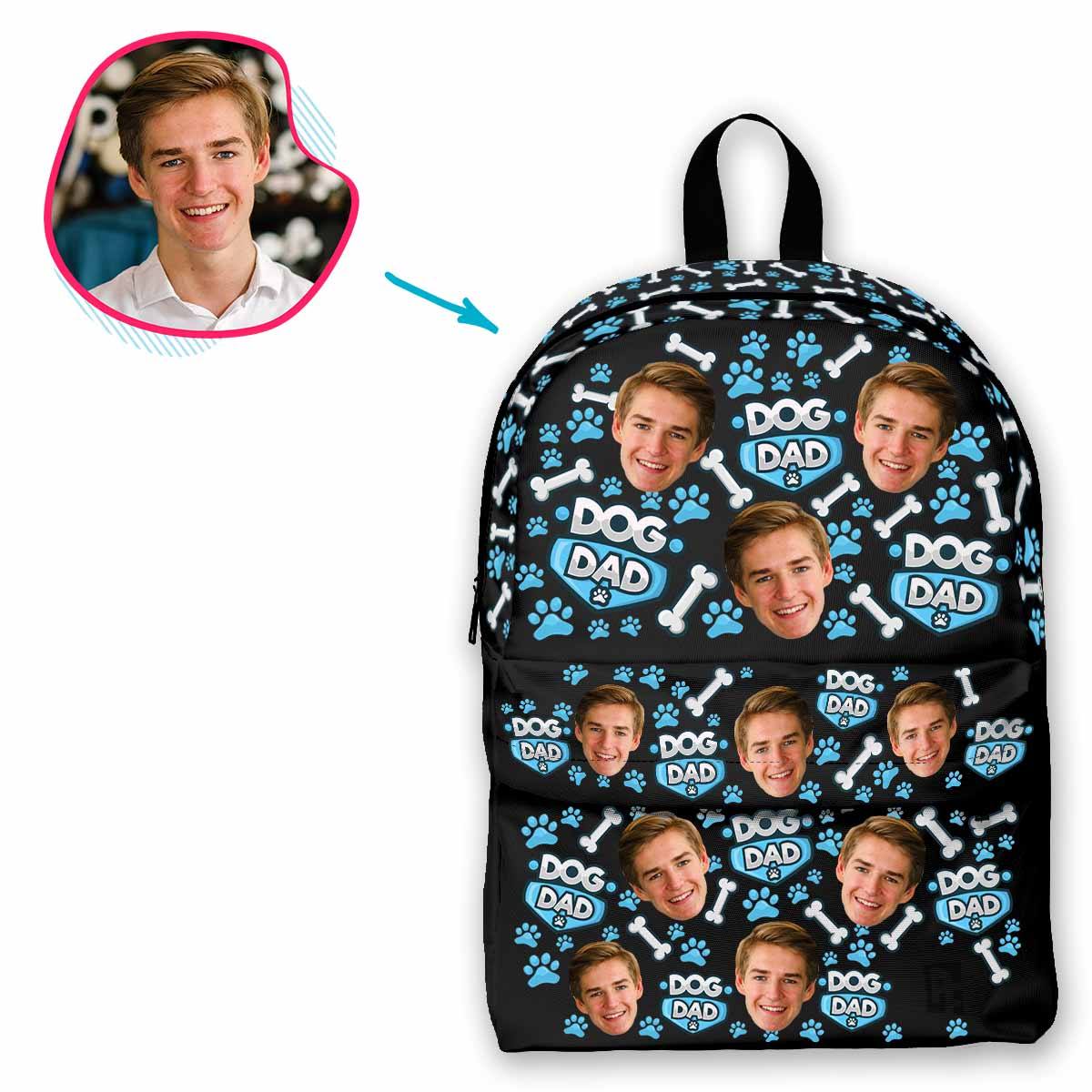 dark Dog Dad classic backpack personalized with photo of face printed on it