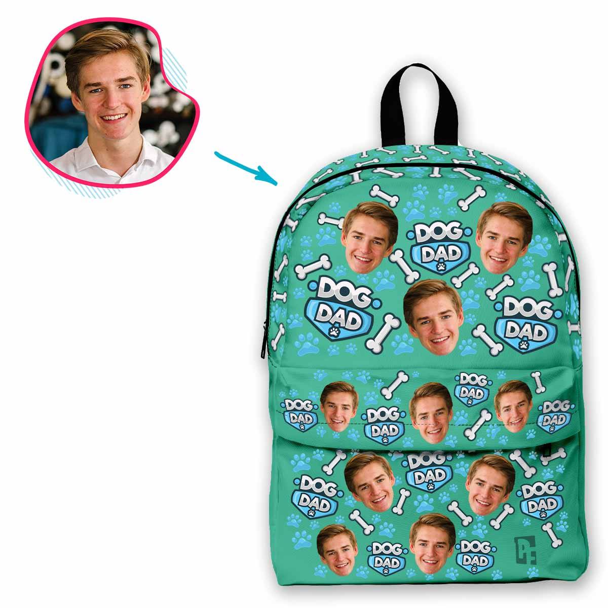 mint Dog Dad classic backpack personalized with photo of face printed on it