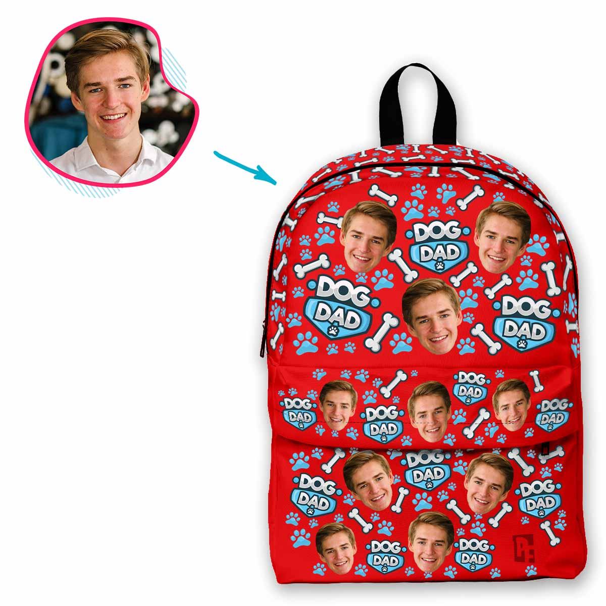 red Dog Dad classic backpack personalized with photo of face printed on it