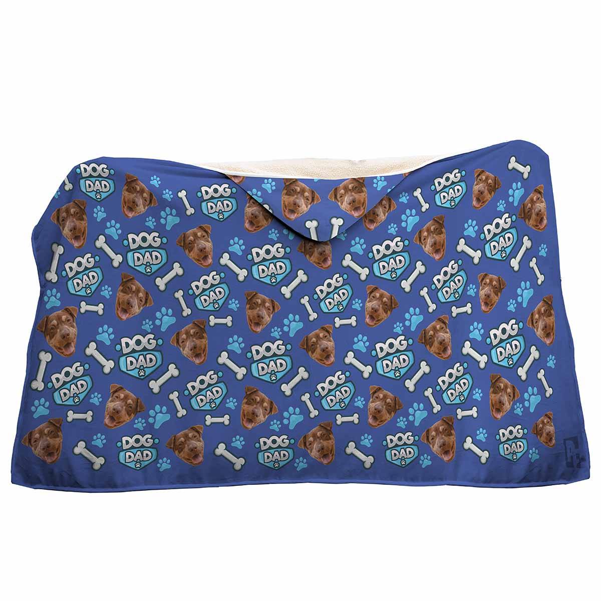 darkblue Dog Dad hooded blanket personalized with photo of face printed on it