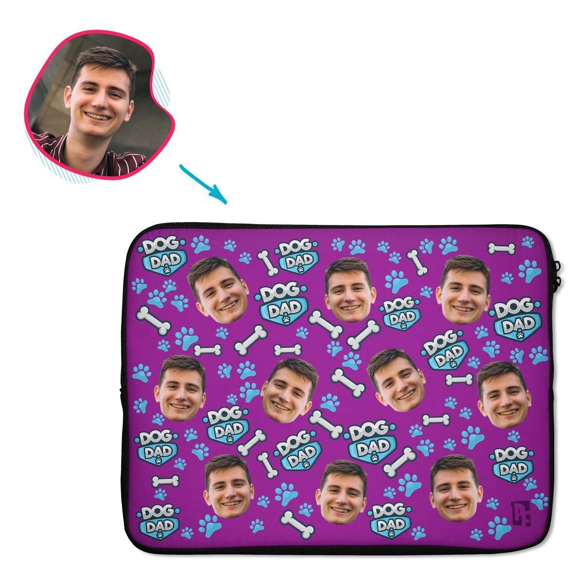 purple Dog Dad laptop sleeve personalized with photo of face printed on them