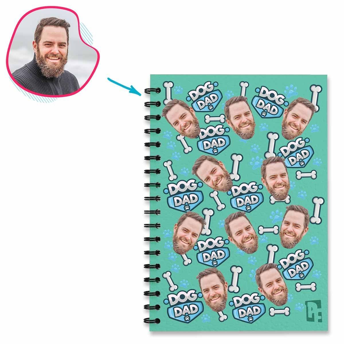 mint Dog Dad Notebook personalized with photo of face printed on them
