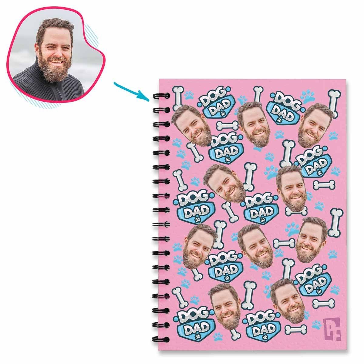 pink Dog Dad Notebook personalized with photo of face printed on them
