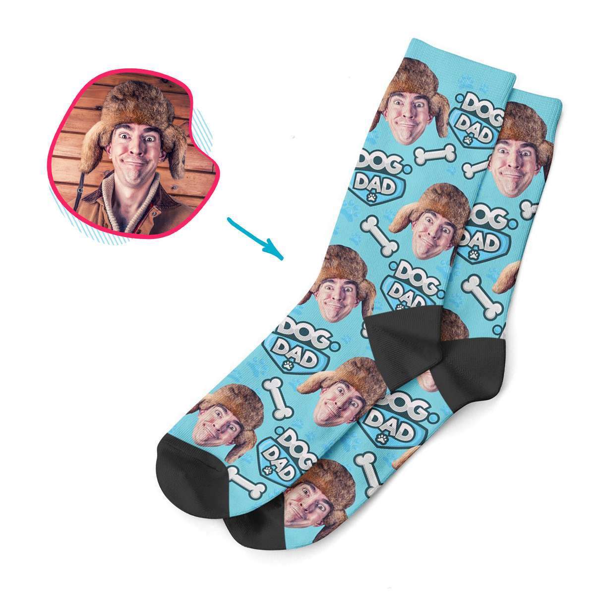 blue Dog Dad socks personalized with photo of face printed on them
