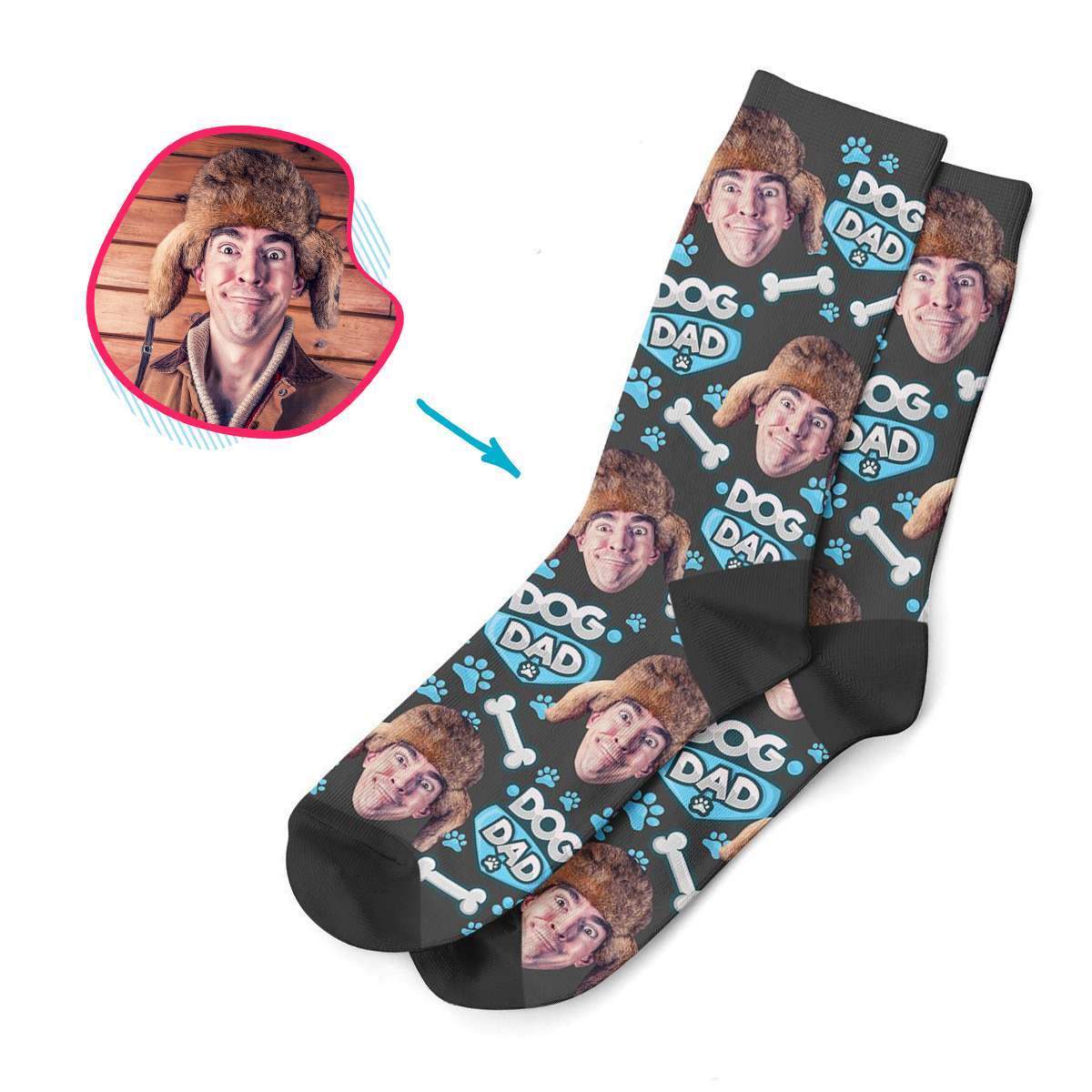 dark Dog Dad socks personalized with photo of face printed on them