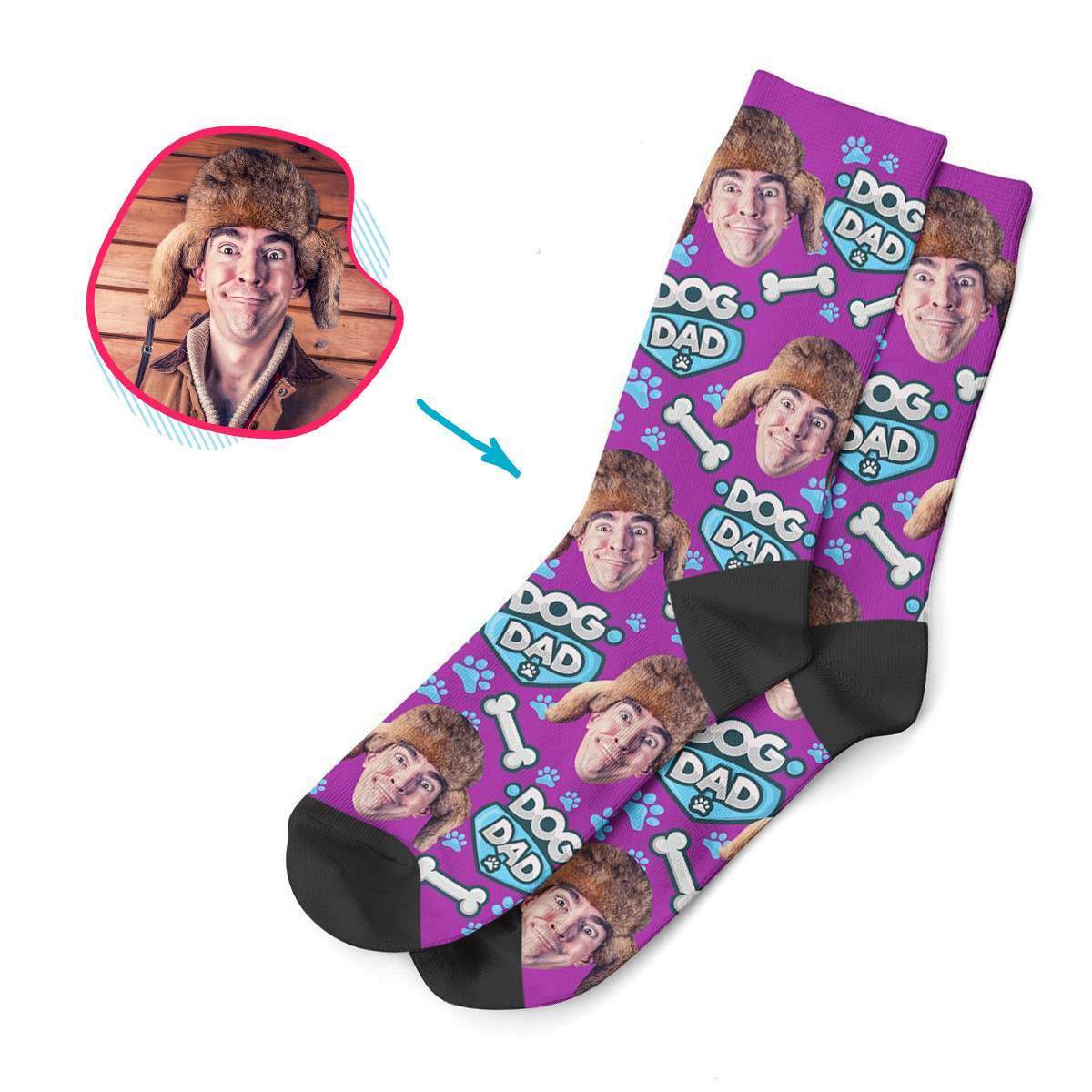 purple Dog Dad socks personalized with photo of face printed on them