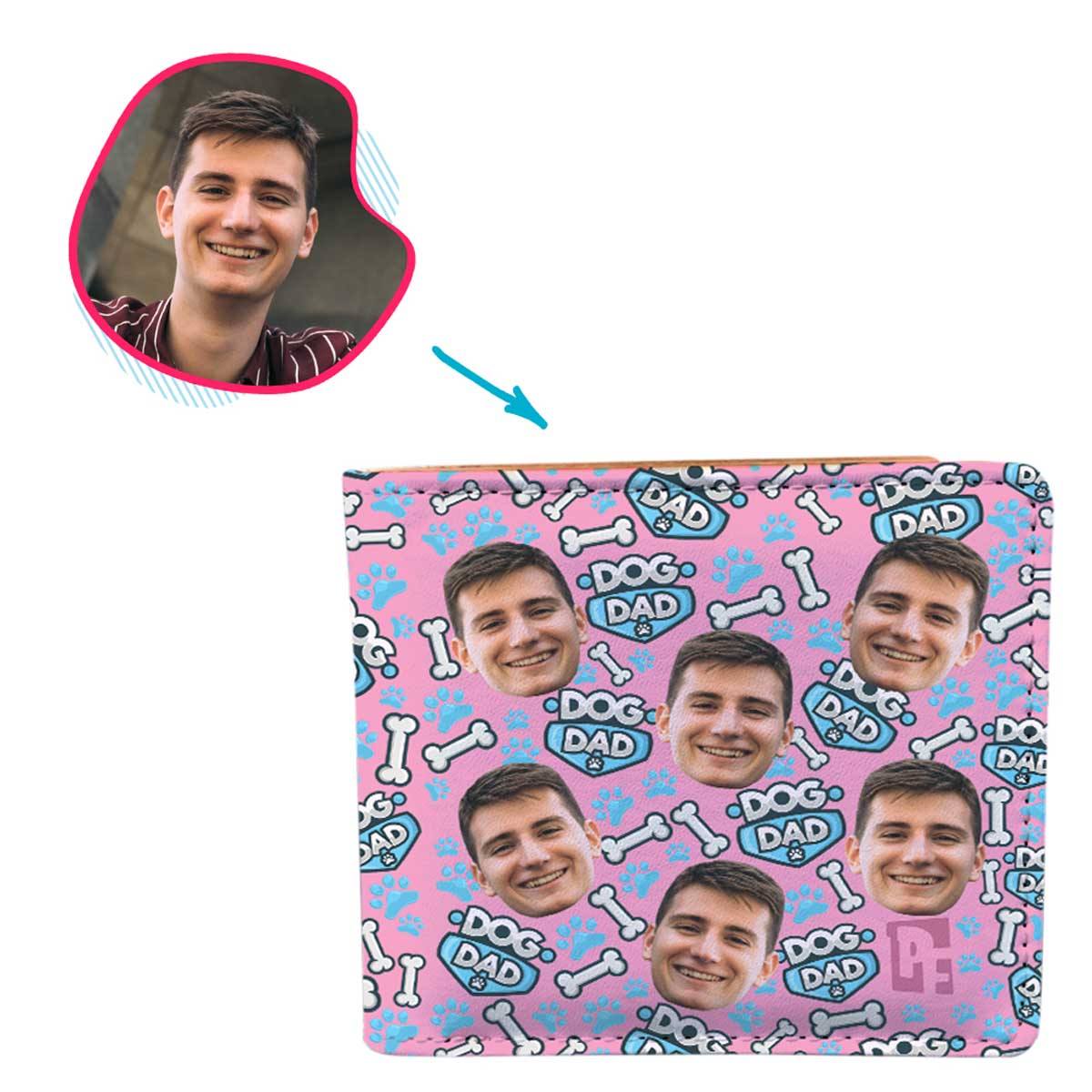 pink Dog Dad wallet personalized with photo of face printed on it