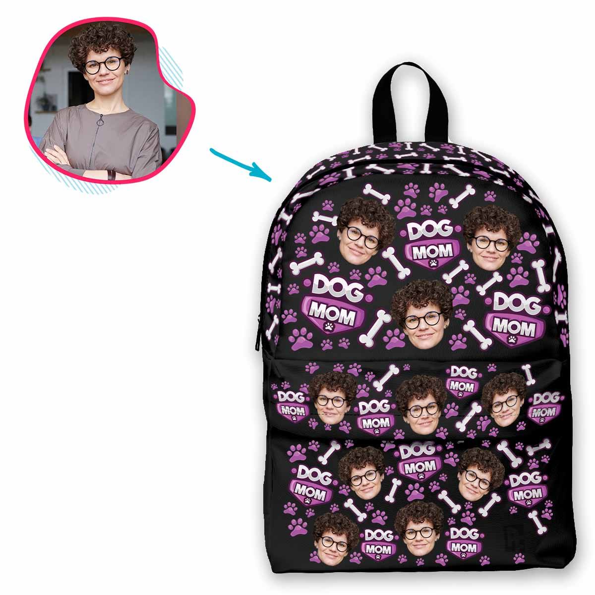 dark Dog Mom classic backpack personalized with photo of face printed on it