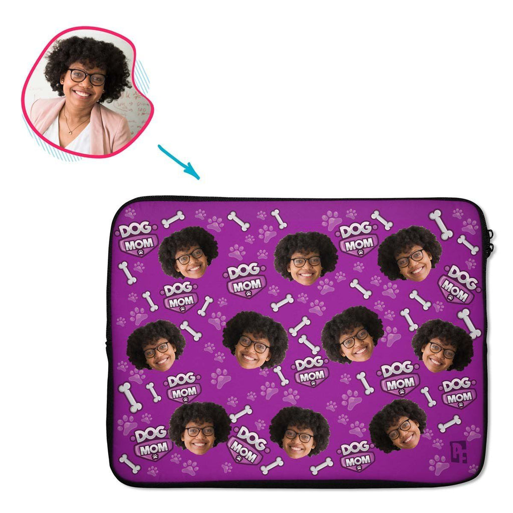 purple Dog Mom laptop sleeve personalized with photo of face printed on them