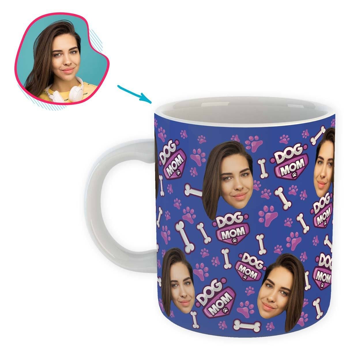 darkblue Dog Mom mug personalized with photo of face printed on it