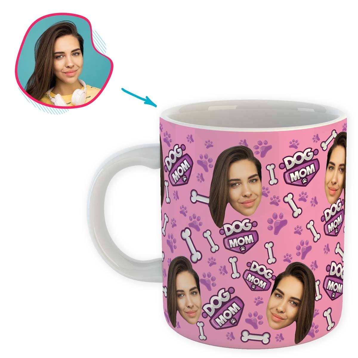 pink Dog Mom mug personalized with photo of face printed on it