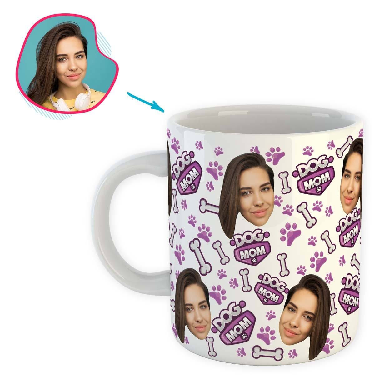 white Dog Mom mug personalized with photo of face printed on it