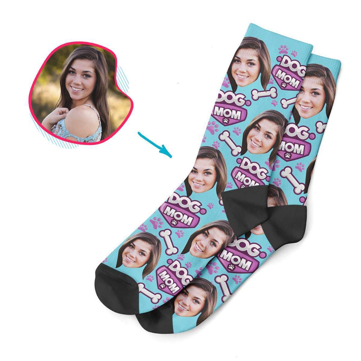 blue Dog Mom socks personalized with photo of face printed on them