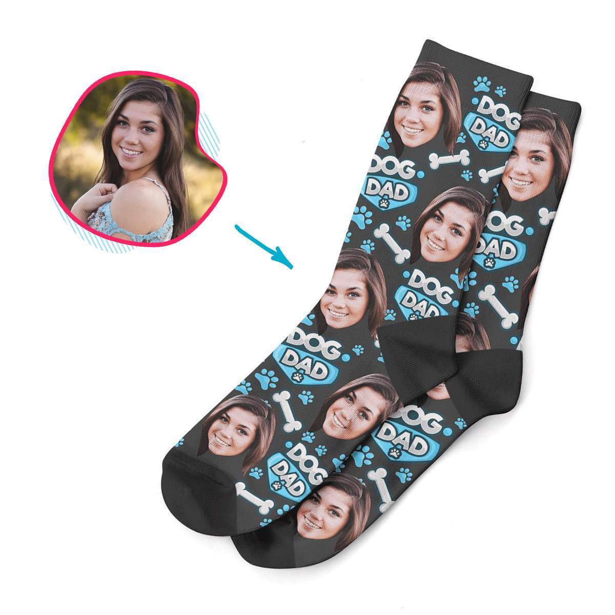 dark Dog Mom socks personalized with photo of face printed on them
