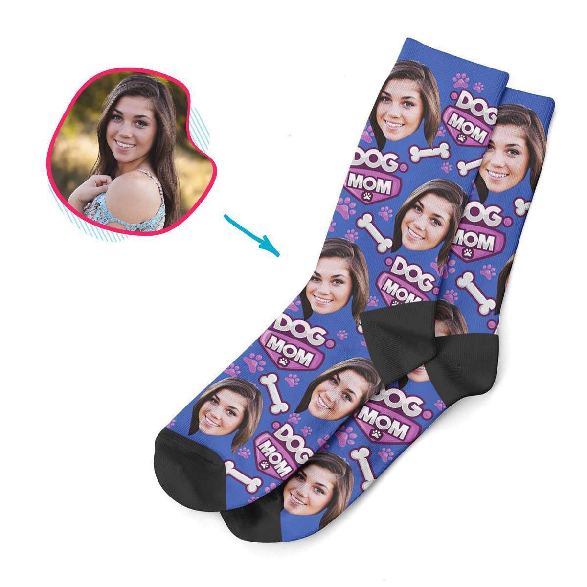 darkblue Dog Mom socks personalized with photo of face printed on them