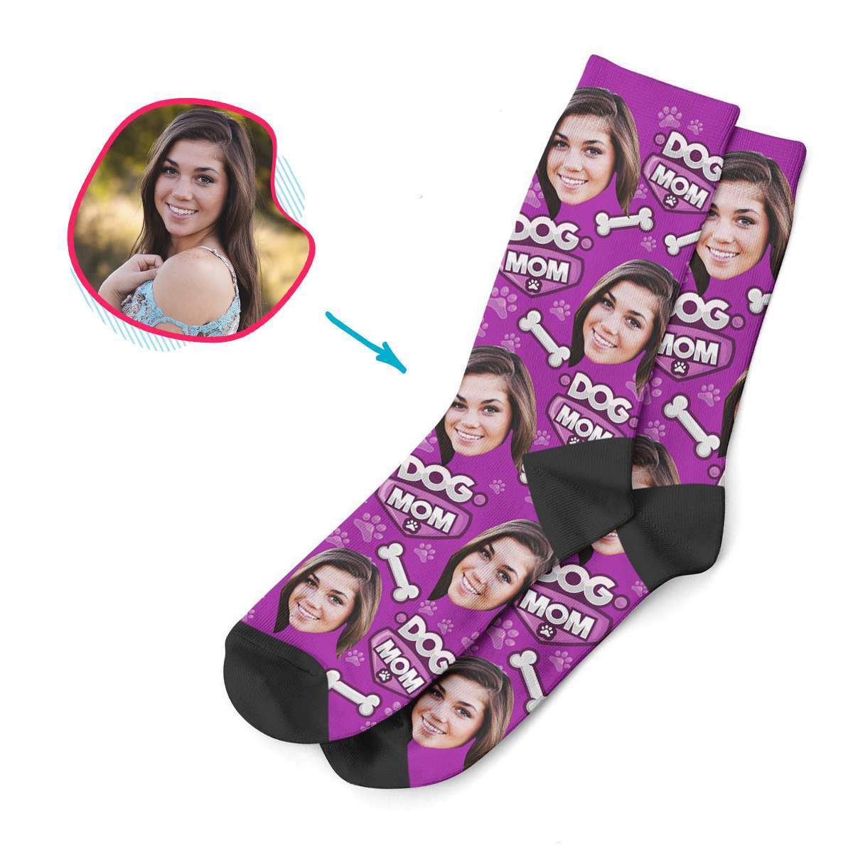 purple Dog Mom socks personalized with photo of face printed on them
